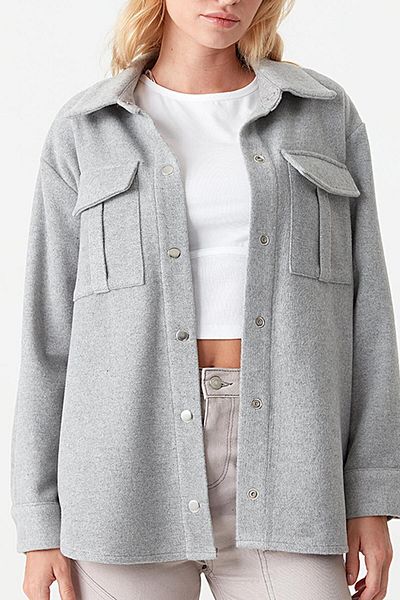 Select Moda Women's Gray Pocket Detailed Snap Fastener Stamp Jacket