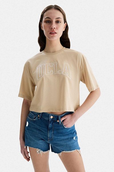 UCLA HELENA Kahve Bisiklet Yaka Oversize Crop Nakışlı Tricou Oversize Kadın