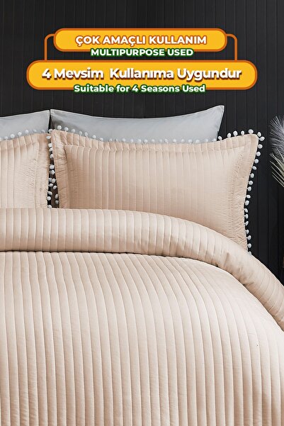 Evlen Home Ponponlu Kapitone Çift Kişilik Yatak Örtüsü Sade %100 Pamuklu Pike Takımı Dolgulu Çizgili Bej Kahve
