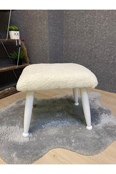 Asedia Trend Lake Teddy Krem Ahşap Ayak Uzatma Pufu Makyaj Koltuğu Tabure Babalar Günü Hediyesi