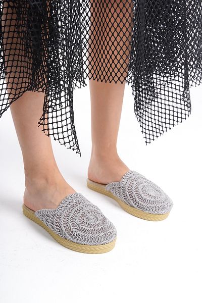 Moda Değirmeni Γκρι δαντέλα γυναικείες πλεκτές παντόφλες - BG1027-122-0001