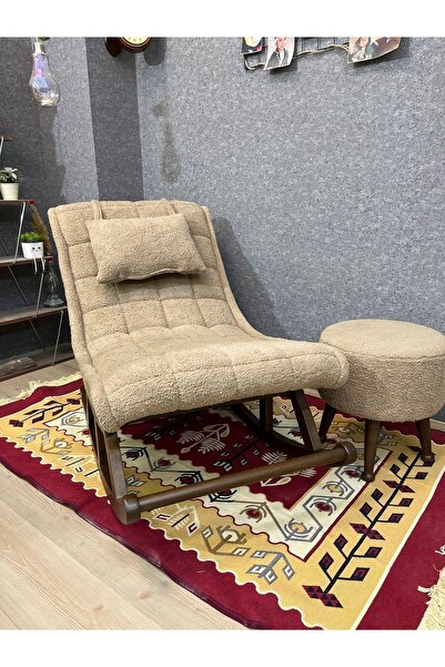 Asedia Miskin Ceviz Teddy Kahve Ahşap Ayaklı Peluş Puf Makyaj Koltuğu Yuvarlak Tabure