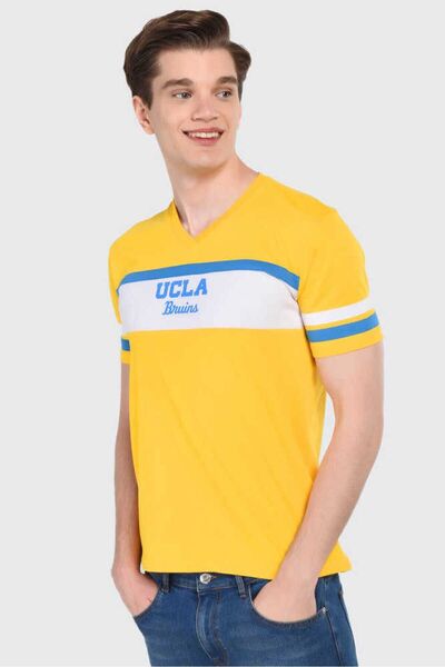 UCLA Tricou pentru bărbați cu decolteu în V cu imprimeu galben Dustin