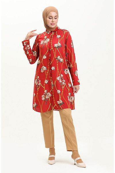 sefamerve Claret Red Viscose Patterned Shirt Tunic - 0100-03