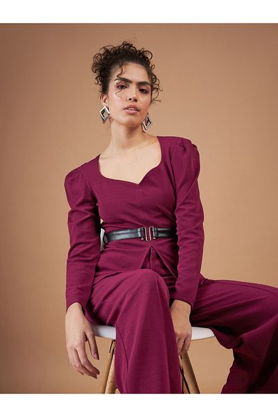 Sassafras By Styli Belted Peplum Top & Pintuck Straight Pants Co-Ord