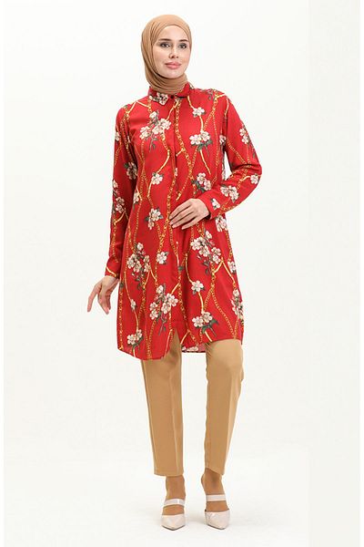 sefamerve Claret Red Viscose Patterned Shirt Tunic - 0100-03
