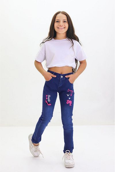 GZT TEKSTİL Girl's Lycra Cotton Jeans Trousers Embroidered 6-12 Years