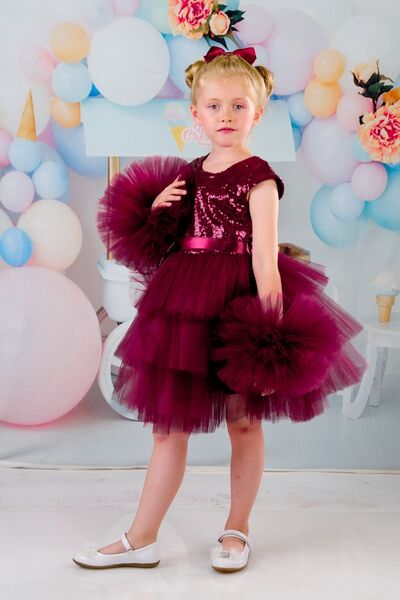 Mixie Kız Çocuk Bordo Tokalı Ponpon Kollu Abiye Parti Doğumgünü Elbisesi