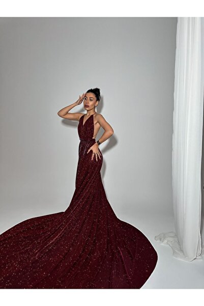 Gülşah Evecen Exclusive Design Burgundy Court Train Dress