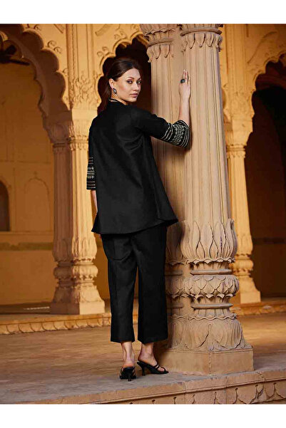 Sassafras By Styli Embroidered Sleeves Longline Blouse and Wide Leg Pants Set