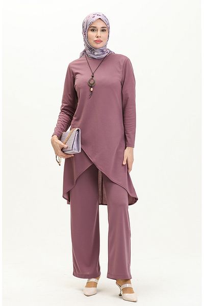 sefamerve Lilac Necklace Tunic and Trousers Set - 0704-02