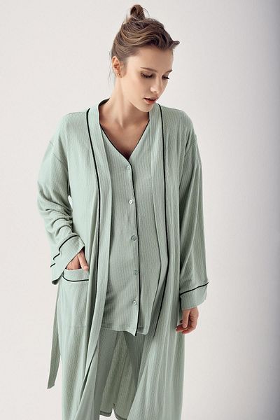Artış Flexible Viscous Maternity Pajamas and Dressing Gown Set - Short Sleeve, Buttoned 14306