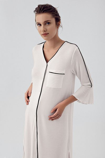 Artış Buttoned Three Quarter Sleeve Short Stretchy Viscose Maternity Nightgown