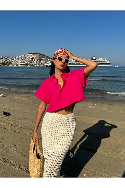 minaaise Cămașă scurtă oversize din bumbac fucsia - mânecă scurtă 27311