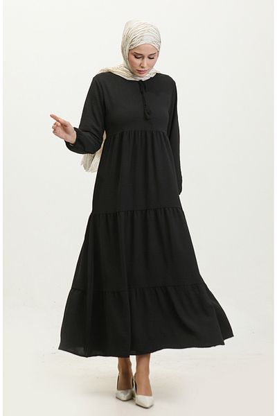 sefamerve Black Aerobin Fabric Gathered Dress - 1702-01