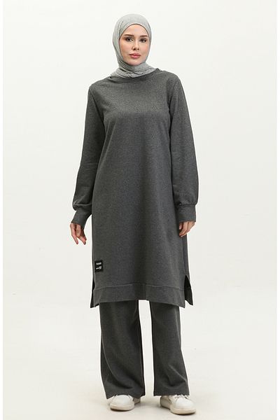 sefamerve Anthrazitfarbenes Sport-Tunika- und Hosen-Set mit zwei Fäden und Schlitz – 0293-02