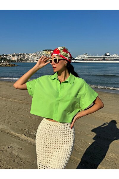 minaaise Πράσινο Oversize Κοντό Βαμβακερό Πουκάμισο - Κοντό μανίκι 27311