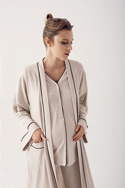 Artış Flexible Viscous Maternity Pajamas and Dressing Gown Set - Short Sleeve, Buttoned 14306