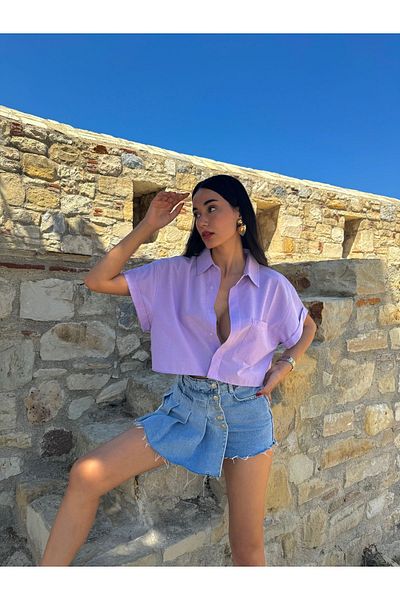minaaise Cămașă oversize din bumbac liliac - mânecă scurtă, scurtă 27311