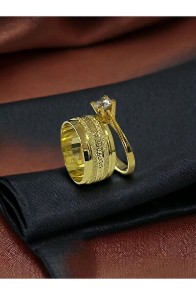 Alyans Gümüş Evi Işlemeli Altın Kaplama Tektaş Hediyeli Alyans