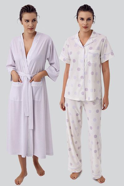 Artış Flexible Viscous Short Sleeve Polka Dot Pajamas and Dressing Gown Set