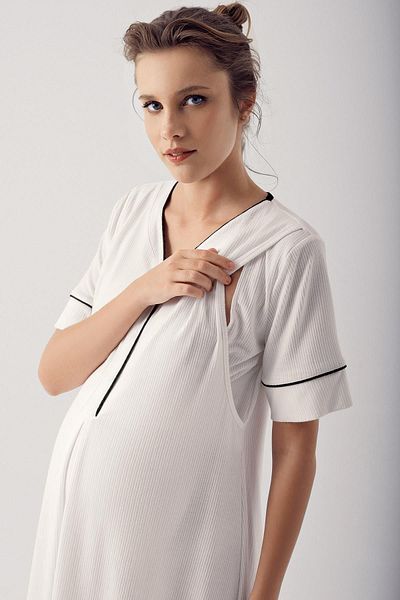 Artış Flexible Viscous Maternity Nightgown - Short Sleeve, Buttoned 14128