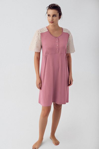 Artış Stretchy Viscous Maternity Nightgown - Short Sleeve, Lace and Button