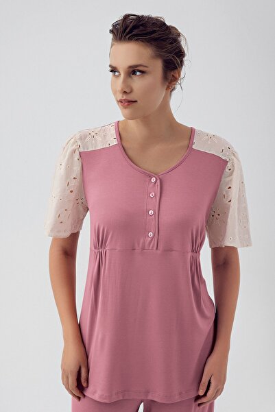 Artış Flexible Viscous Maternity Pajamas Set - Short Sleeve, Lace and Button