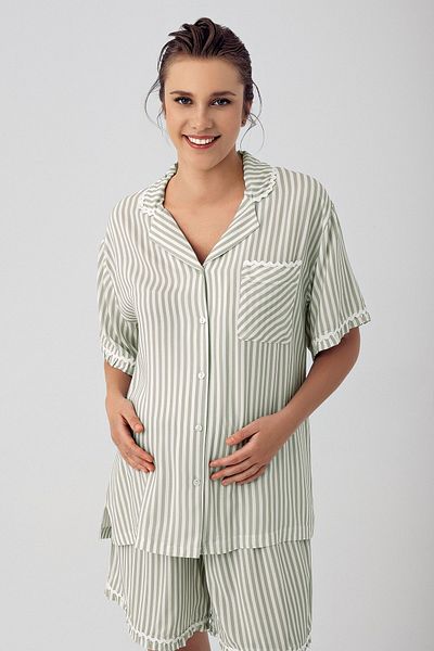 Artış Stretchy Viscous Short Sleeve Striped Maternity Pajamas Set - Buttoned and Shorts