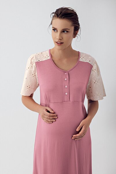 Artış Stretchy Viscous Maternity Nightgown - Short Sleeve, Lace and Button