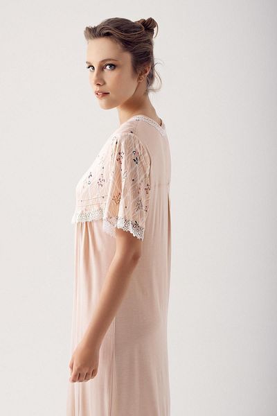 Artış Short Sleeve Patterned Viscous Nightgown - Lycra, Buttoned 14125