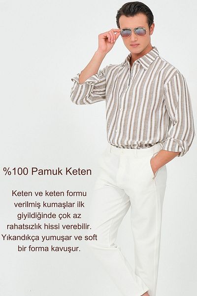 RELAXL Ανδρικό πουκάμισο από λινό χακί ριγέ - 100% βαμβάκι, μακρυμάνικο