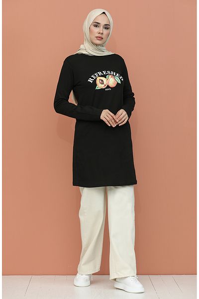 sefamerve Black Printed Tunic - 6028-01 Model