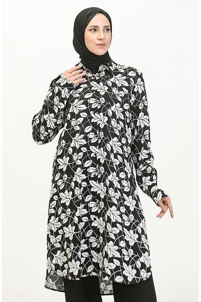 sefamerve Patterned Plus Size Shirt Tunic - 2022D-04 Black