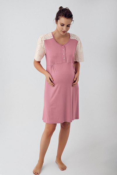 Artış Stretchy Viscous Maternity Nightgown - Short Sleeve, Lace and Button
