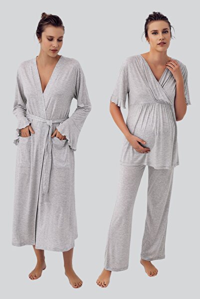 Artış Flexible Lycra Viscous Maternity Pajamas and Dressing Gown Set - Short Sleeve