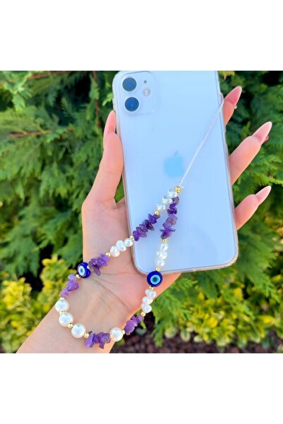 Elifsu Jewelry Ametist Doğal Taşlı İncili Nazar Boncuklu Telefon Charmı