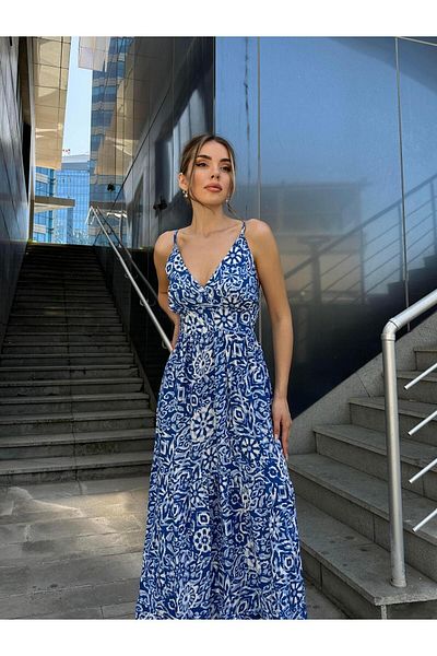 SEDA FİDAN Rochie albastră lungă din viscoză Lara cu bretele