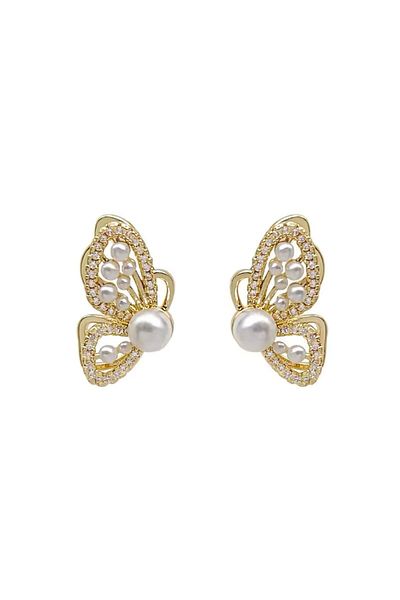 Nice For You French Diamond Butterfly Pattern White Pearl Earrings