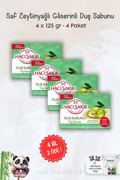 Hacı Şakir Pilgrim Shower Soap with Glycerin and Pure Olive Oil - BUY 4 GET 3 4 x 125 gr and ROSIE