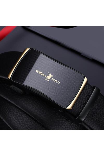 William Polo حزام إيطالي أنيق من الجلد الأسود بإبزيم ذهبي