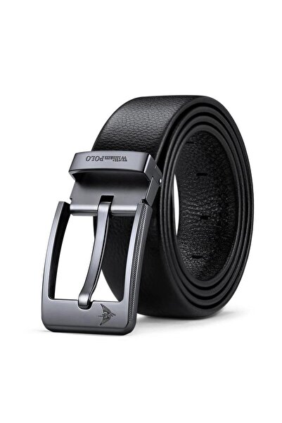 William Polo حزام إيطالي أنيق بإبزيم معدني أسود من الجلد الطبيعي