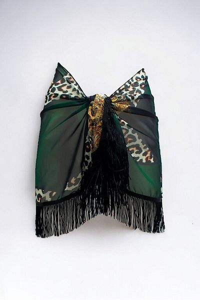 pistore Green Leopard Patterned Chiffon Short Tasseled Pareo Tie Women's Beach Dress New Season 95*145 Cm