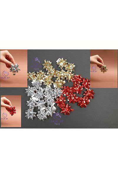 HUR-AY PACK Gold + Silver Gray + Red Colored Metalized Star Gift Ornament - Packing Raffia