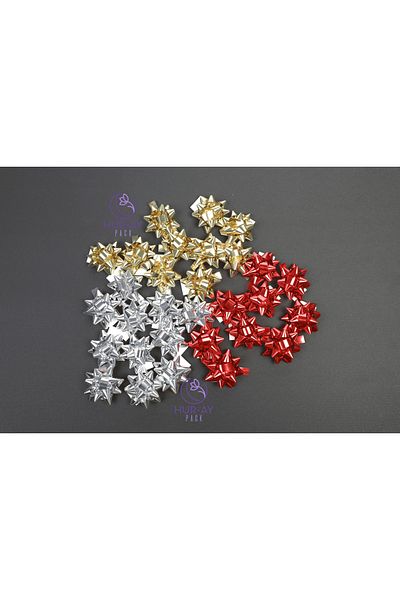HUR-AY PACK Gold + Silver Gray + Red Colored Metalized Star Gift Ornament - Packing Raffia