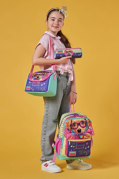 Coral High Geantă de școală din 3 piese cu model de câine drăguț galben roz - SET 0123752