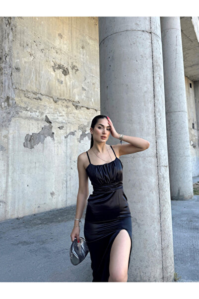 Sindimoda Ön Drapeli Yırtmaçlı Saten Elbise 2604