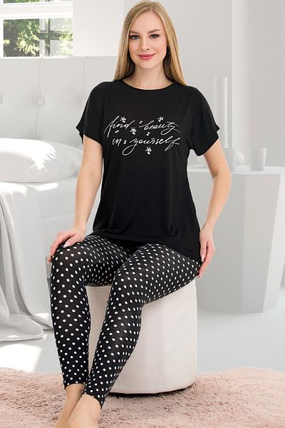 Jenny Daphne Jambiere de damă din țesătură de viscoză cu buline - Set de pijama de tricou cu mânecă scurtă cu decolteu rotund 12565