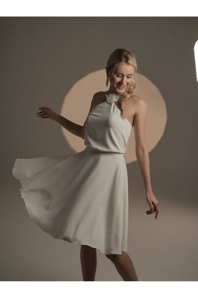 EVET couture VOLAN ETEKLİ YAKA DETAYLI BEYAZ ELBİSE