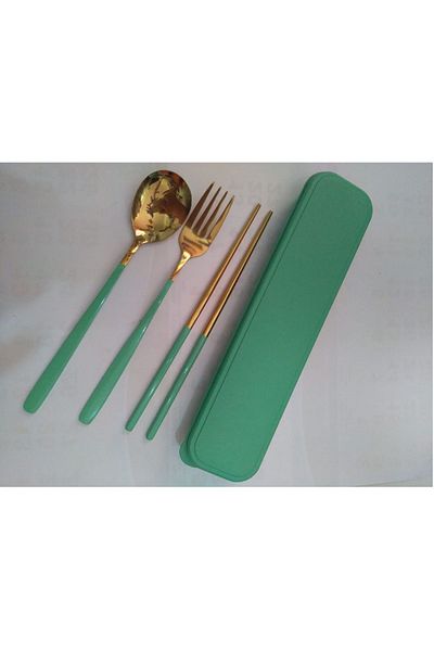 Rainbow 4 Piece Stainless Korean Chopstic Set - Fork and Spoon